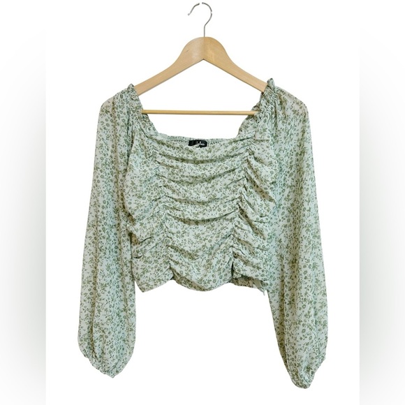 Lulus Sweet Optimism Dusty Sage Floral Print Ruched Long Sleeve Top Size Large - Picture 6 of 8